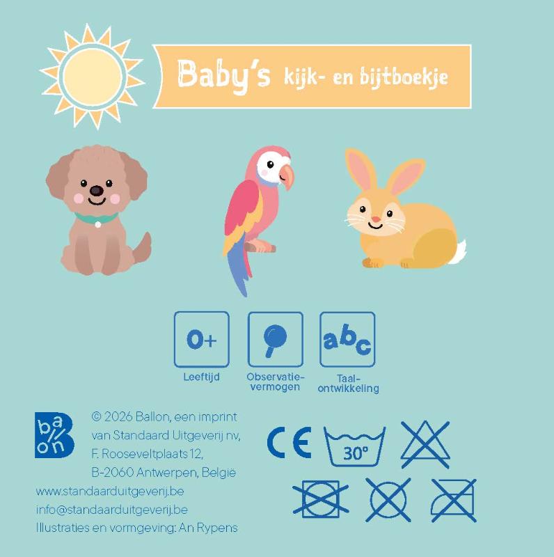 Achterkant van Baby's kijk- en bijtboekje: Huisdieren