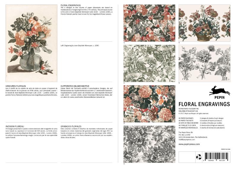 Achterkant van 48 placemats floral engravings