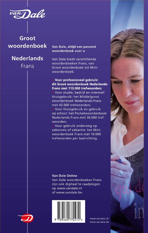 Achterkant van Van Dale groot woordenboek Nederlands-Frans
