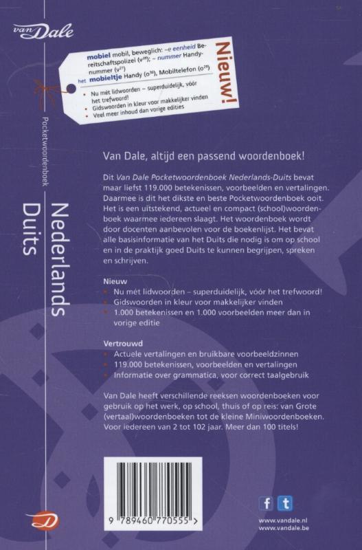 Achterkant van Van Dale pocketwoordenboek Nederlands-Duits