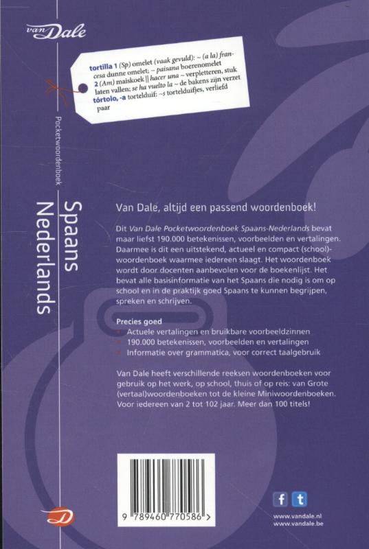 Achterkant van Van Dale pocketwoordenboek Spaans-Nederlands