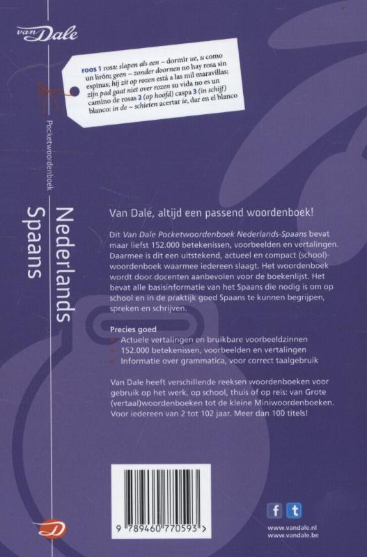 Achterkant van Van Dale pocketwoordenboek Nederlands-Spaans