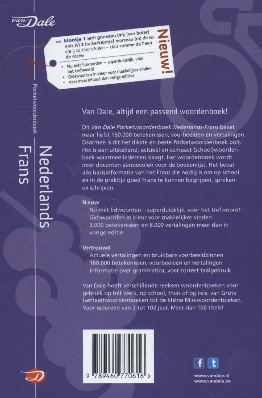 Achterkant van Van Dale pocketwoordenboek Nederlands-Frans