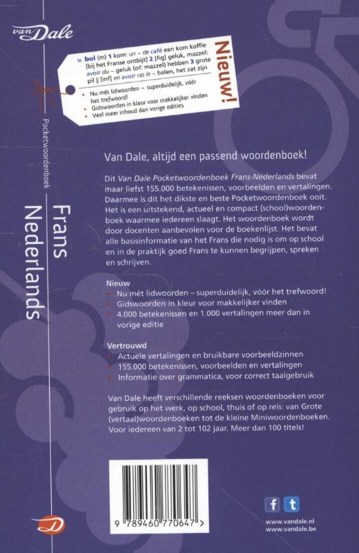 Achterkant van Van Dale Pocketwoordenboek Frans-Nederlands