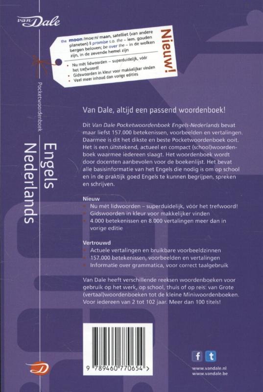 Achterkant van Van Dale pocketwoordenboek Engels-Nederlands