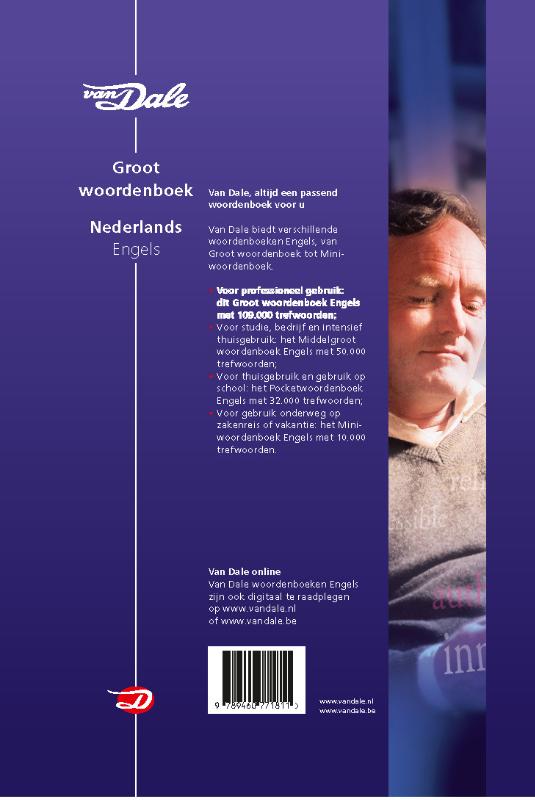 Achterkant van Van Dale Groot woordenboek Nederlands-Engels