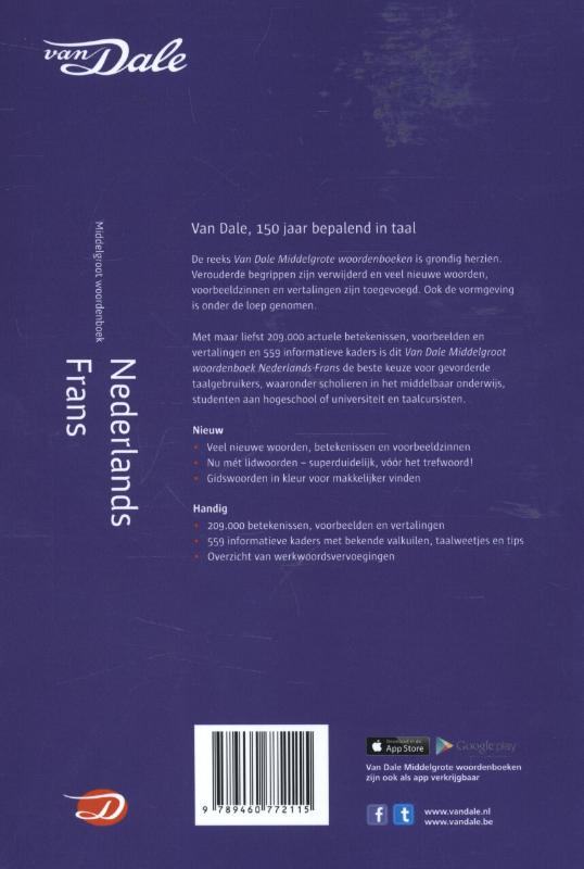 Achterkant van van Dale middelgroot woordenboek Nederlands-Frans