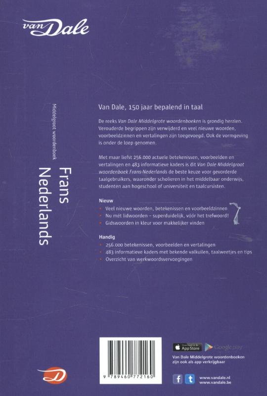 Achterkant van Van Dale middelgroot woordenboek Frans-Nederlands