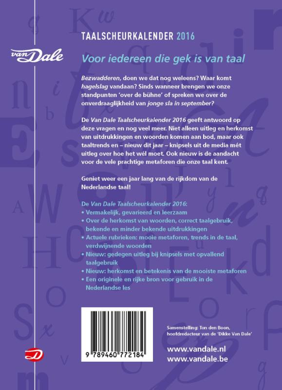 Achterkant van Van Dale Taalscheurkalender 2016