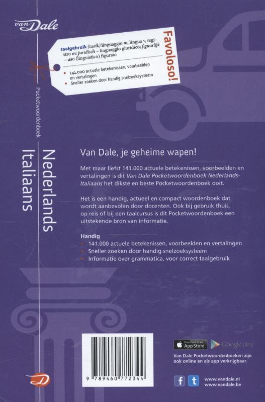 Achterkant van Van Dale pocketwoordenboek Nederlands-Italiaans