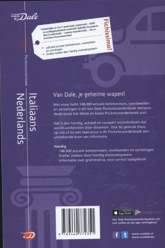 Achterkant van Van Dale pocketwoordenboek Italiaans-Nederlands