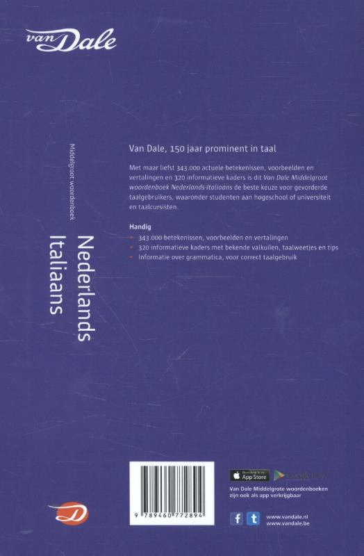 Achterkant van Van Dale Middelgroot woordenboek Nederlands-Italiaans