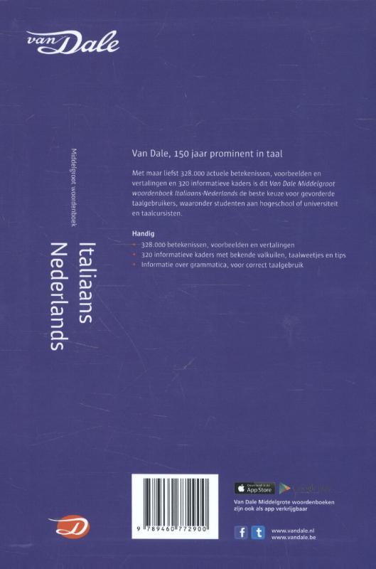Achterkant van Van Dale Middelgroot woordenboek Italiaans-Nederlands