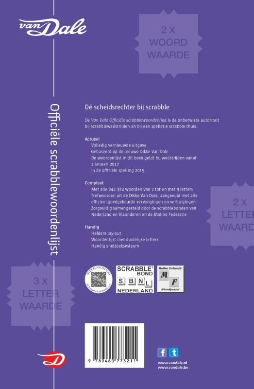 Achterkant van Van Dale Officiële scrabblewoordenlijst