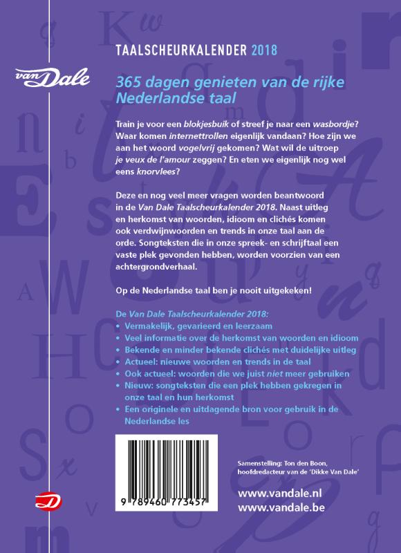 Achterkant van Van Dale Taalscheurkalender 2018