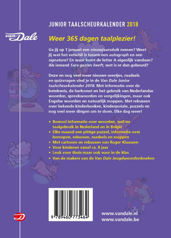 Achterkant van Van Dale Junior taalscheurkalender 2018