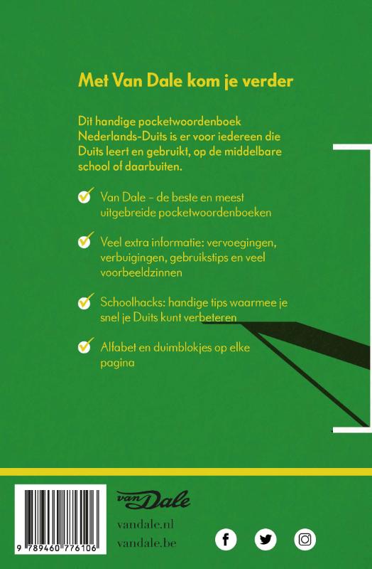 Achterkant van Van Dale Pocketwoordenboek Nederlands-Duits