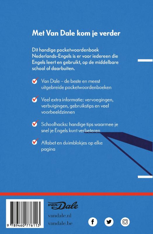 Achterkant van Van Dale Pocketwoordenboek Nederlands-Engels