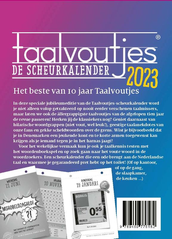 Achterkant van Taalvoutjes - de scheurkalender 2023