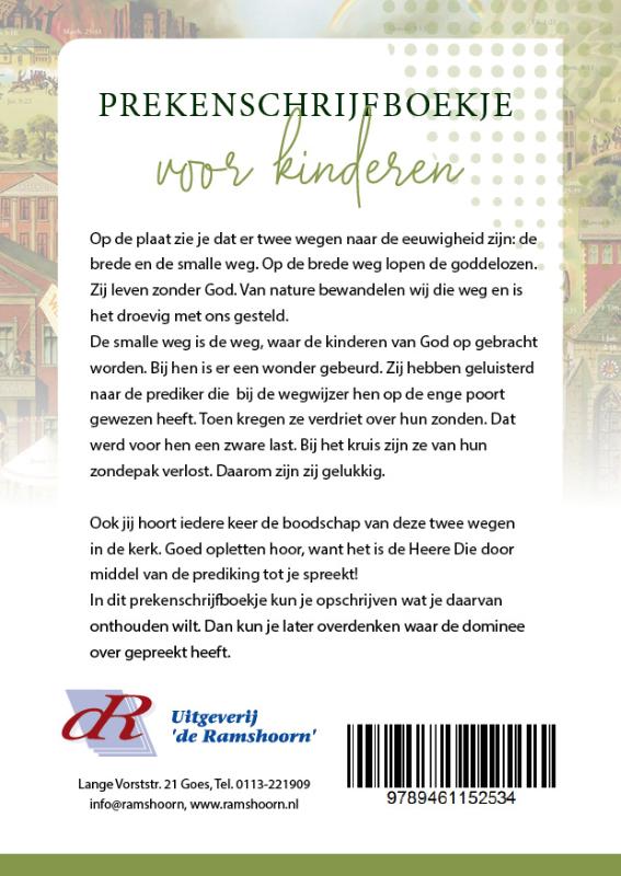 Achterkant van Prekenschrijfboekje 'De brede en de smalle weg' voor kinderen