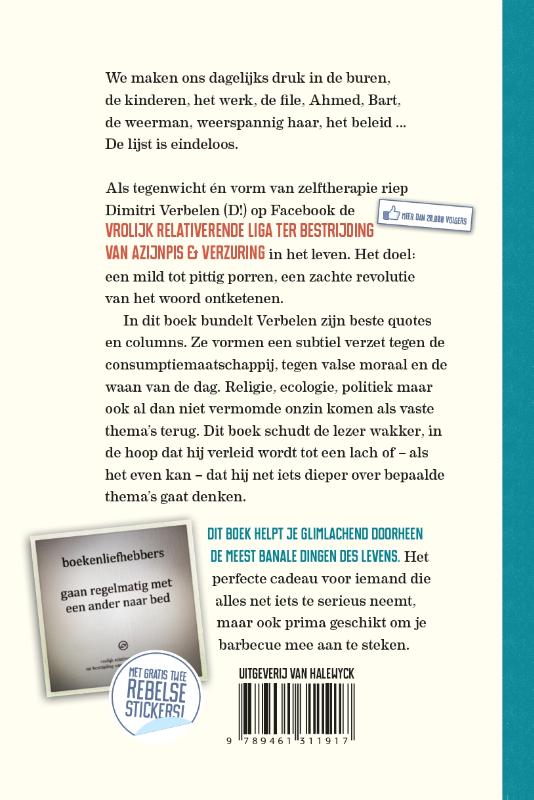 Achterkant van Vrolijk relativerende liga ter bestrijding van azijnpis en v