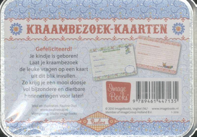 Achterkant van Kraambezoekkaarten in blikje