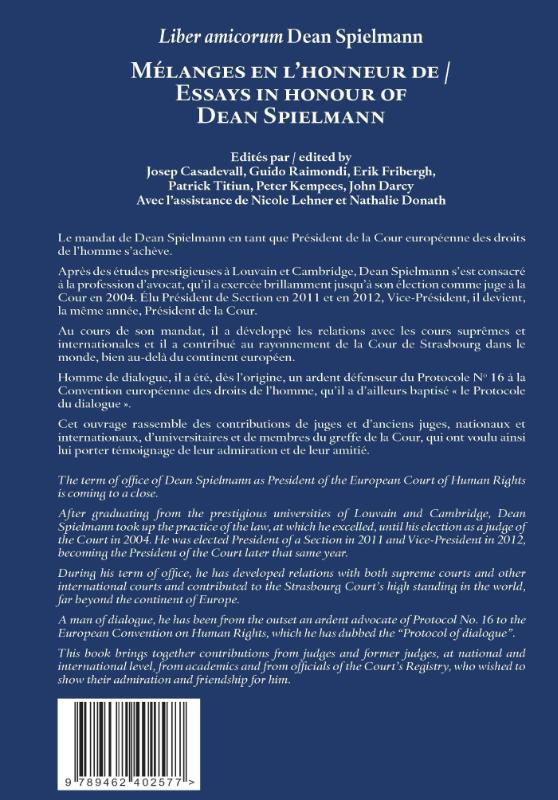 Achterkant van Mélanges en l’honneur de / Essays in Honour of Dean Spielmann