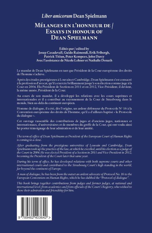 Achterkant van Mélanges en l’honneur de / Essays in honour of Dean Spielmann