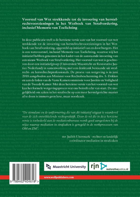 Achterkant van Voorstel van Wet strekkende tot de invoering van herstelrechtvoorzieningen in het Wetboek van Strafvordering, inclusief Memorie van Toelichting