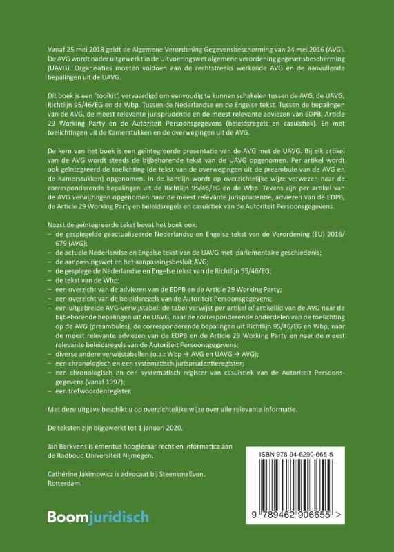 Achterkant van Tekstuitgave Privacyverordening & UAVG