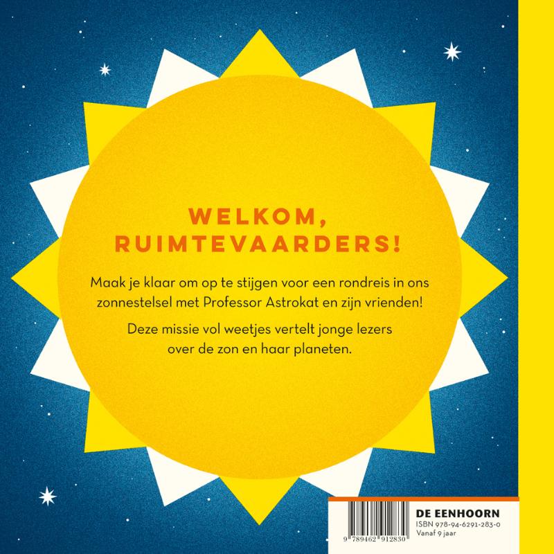 Achterkant van Professor Astrokat en het zonnestelsel