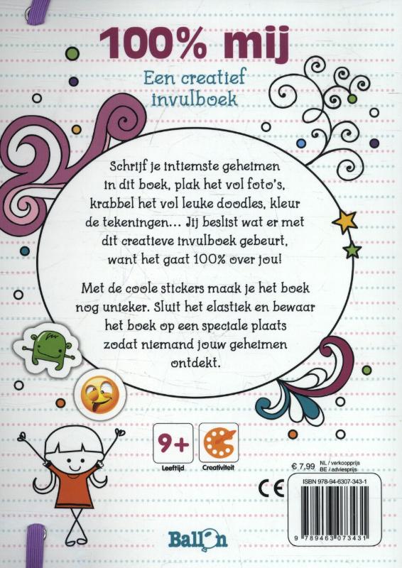 Achterkant van 100% mij, een creatief invulboek