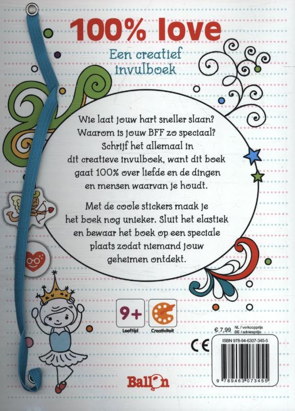 Achterkant van 100% love, een creatief vulboek