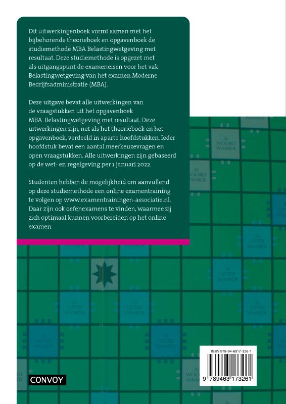 Achterkant van MBA Belastingwetgeving met resultaat Uitwerkingenboek 2022-2023
