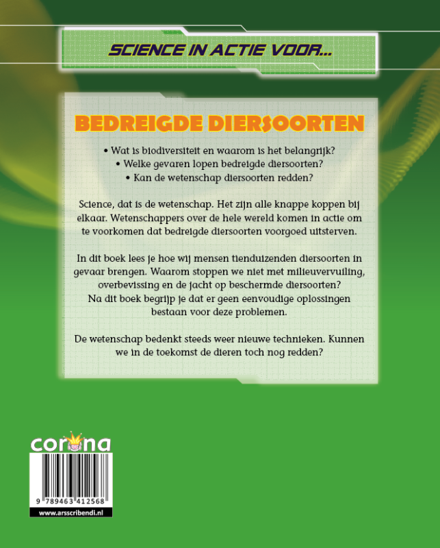 Achterkant van Science in actie voor bedreigde diersoorten