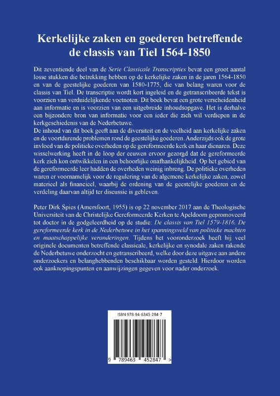 Achterkant van Kerkelijke zaken en goederen betreffende de classis van Tiel 1564-1850