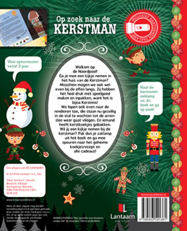 Achterkant van Op zoek naar de kerstman + kartonnen zaklamp