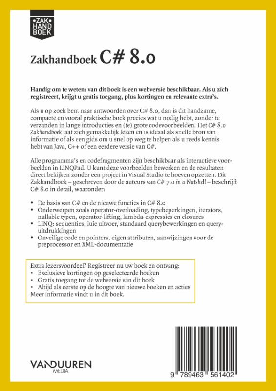 Achterkant van Zakhandboek C# 8.0