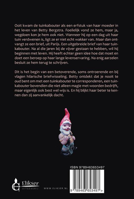Achterkant van Tango met een tuinkabouter