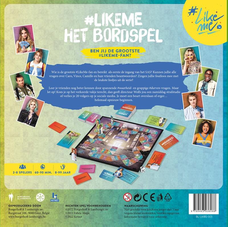 Achterkant van #LikeMe. Het Bordspel
