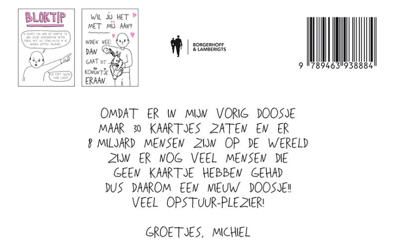 Achterkant van Sociaal Incapabele Michiel. Wenskaarten
