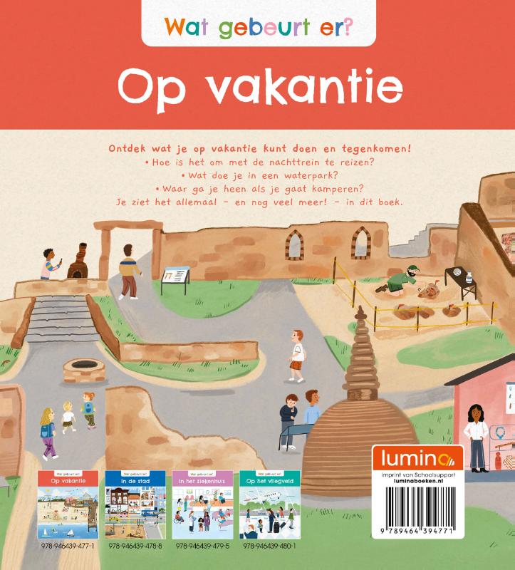 Achterkant van Wat gebeurt er? Op vakantie