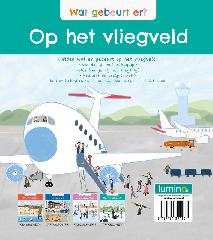 Achterkant van Wat gebeurt er? Op het vliegveld