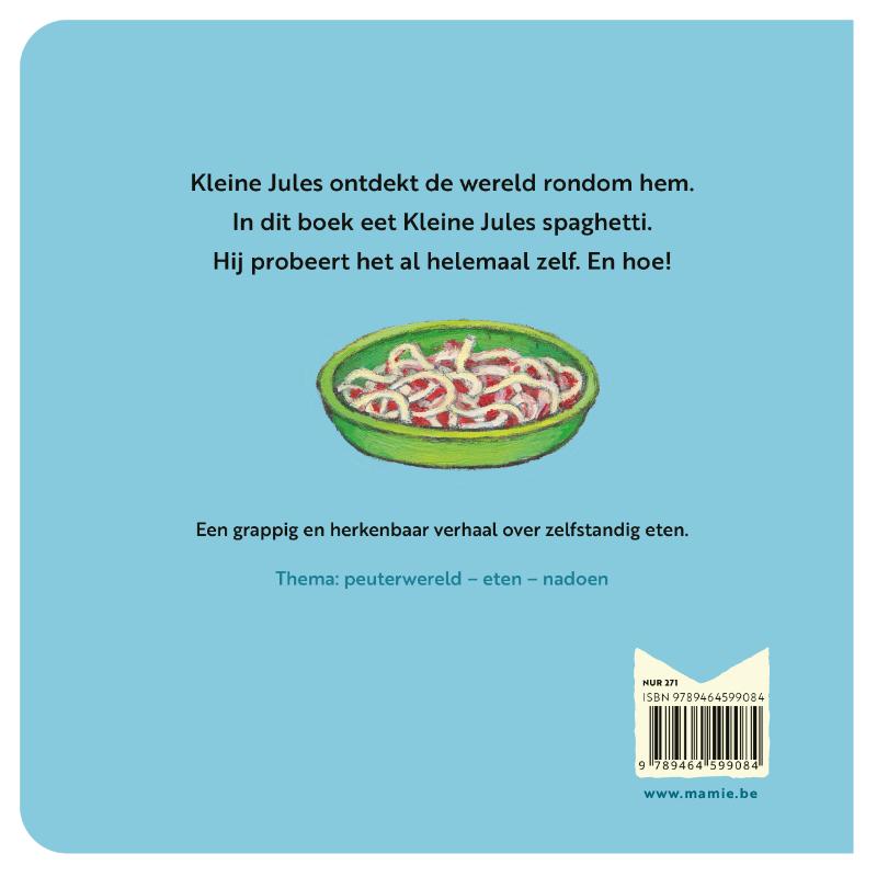 Achterkant van Kleine Jules eet spaghetti