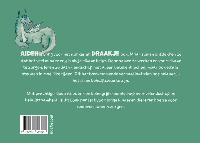 Achterkant van Het kleine, groene, donzige draakje