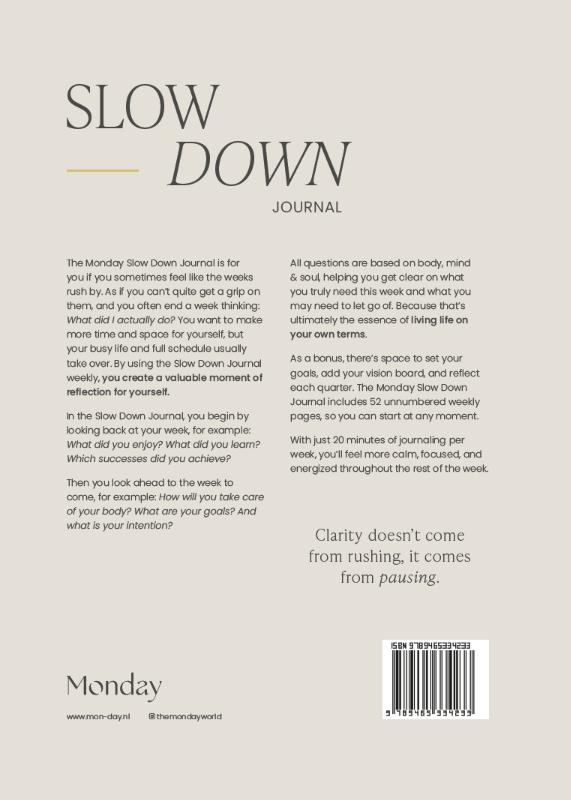 Achterkant van Monday Slow Down Journal