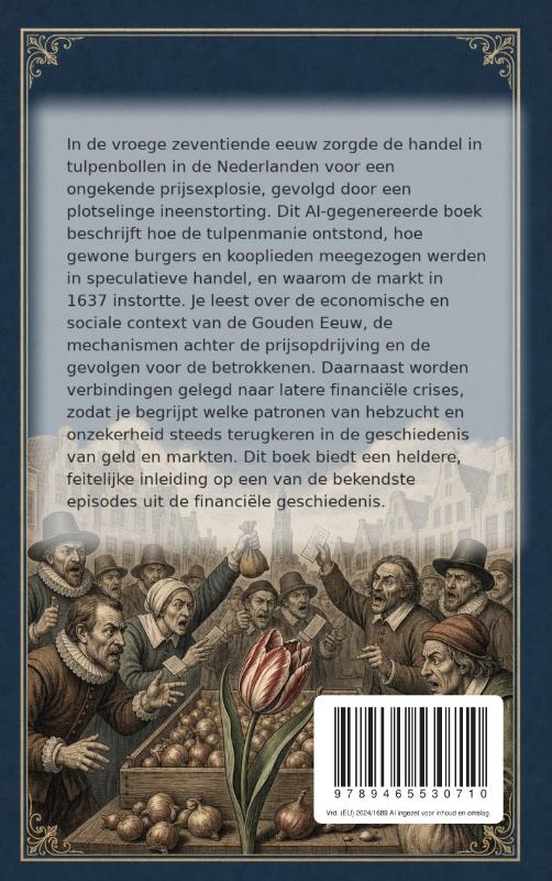 Achterkant van De tulpenmanie en de eerste speculatiebubbel