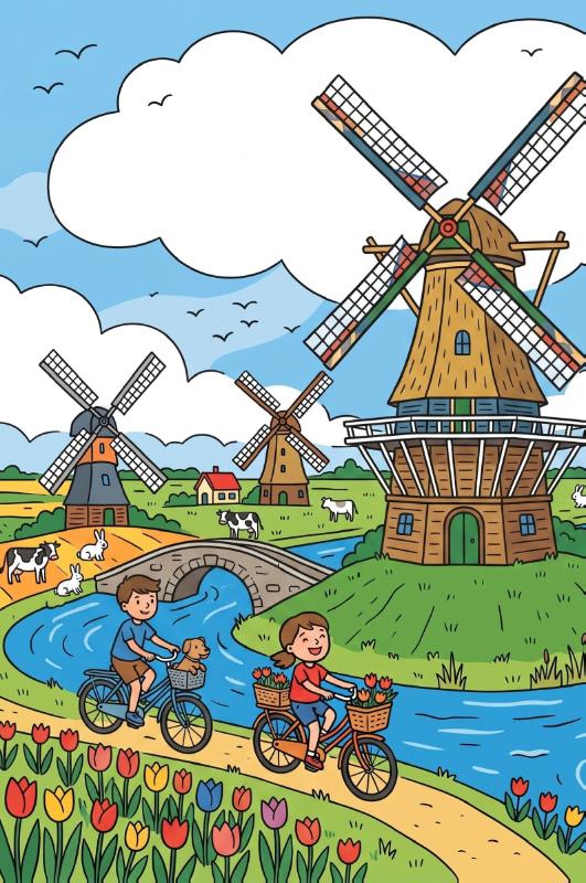 Achterkant van Molens in het Hollandse landschap