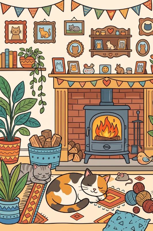 Achterkant van Katten bij de kachel