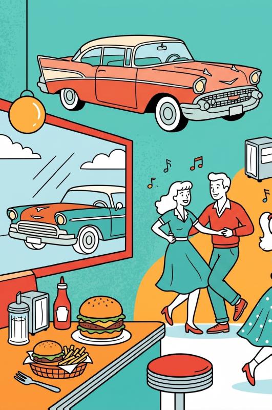 Achterkant van Jaren vijftig diners en jukeboxen
